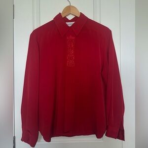 Vintage Embroidered Red Blouse with Point Collar